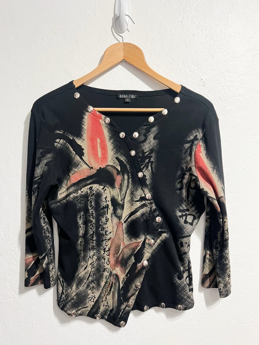 VTG Boho Chic Top Shirt Large Stud Asymmetrical Asian Punk Goth 2000s Y2K 3/4